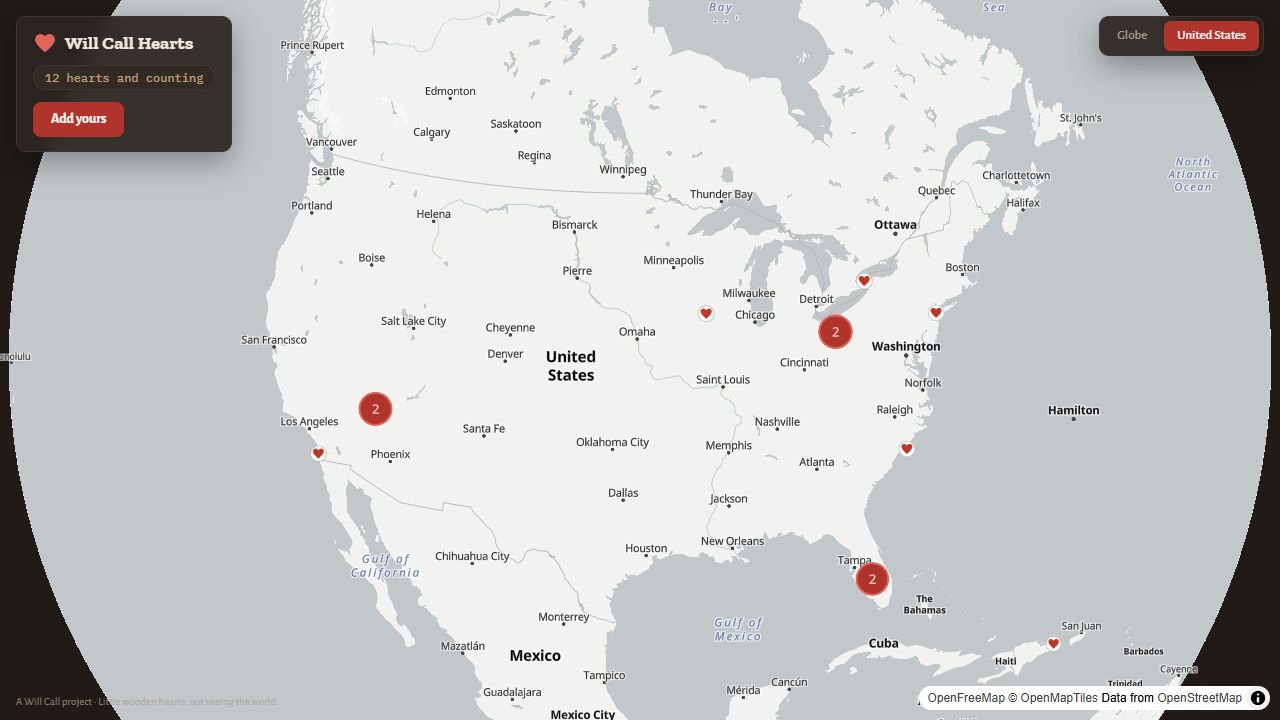 Overview map from the Will Call Hearts community web application
