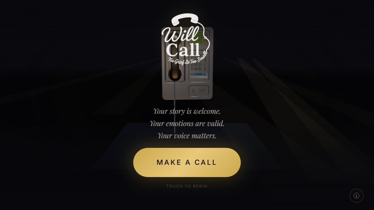 Will Call phone application welcome screen with a telephone and Make a Call button